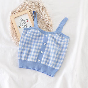 HELIAR Tops Women Blue Plaid Straps Camis With Buttons Club Seey Knitted Tops Female Tank Tops Ladies Sleeveless Crop Tops Women