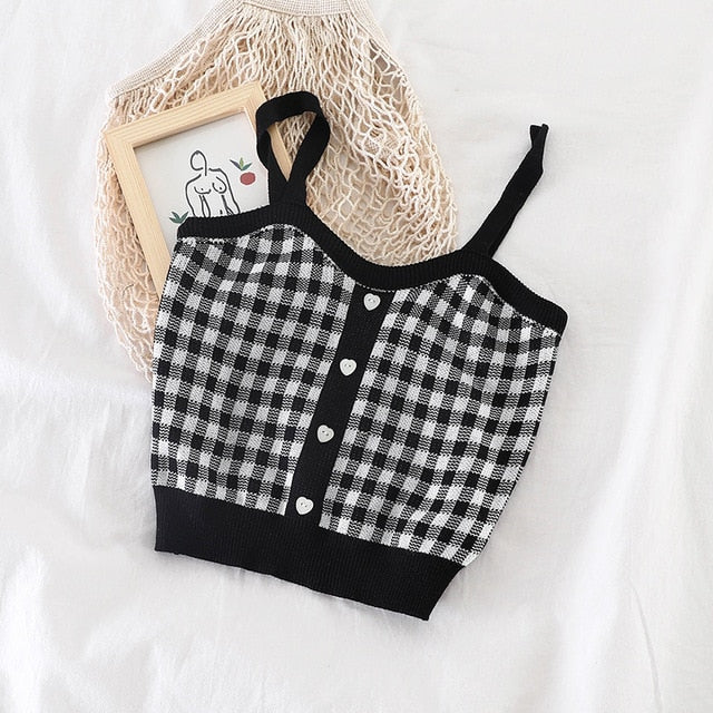 HELIAR Tops Women Blue Plaid Straps Camis With Buttons Club Seey Knitted Tops Female Tank Tops Ladies Sleeveless Crop Tops Women