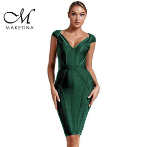 Maketina 2020 New Summer Bandage Dress Women Sexy V Neck Green Bandage Dress Striped Bodycon Evening Party Bandage Dress