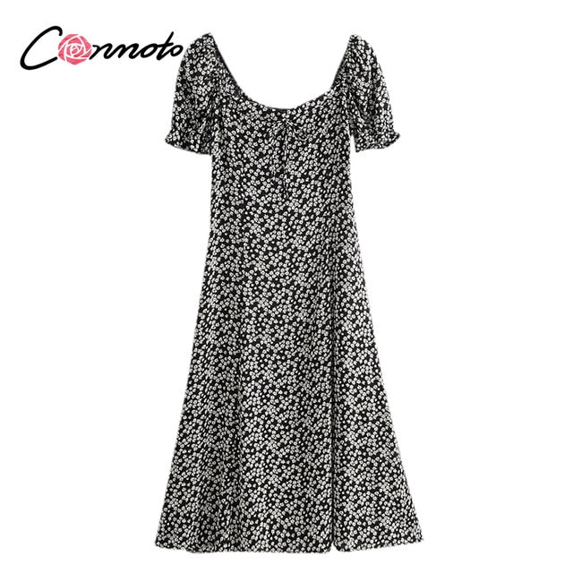 Conmoto Summer Vintage Party Dress Square Collar Ruffle Elegant Sexy Dress Beach Female Green Floral Print Mid Dresses Vestidos