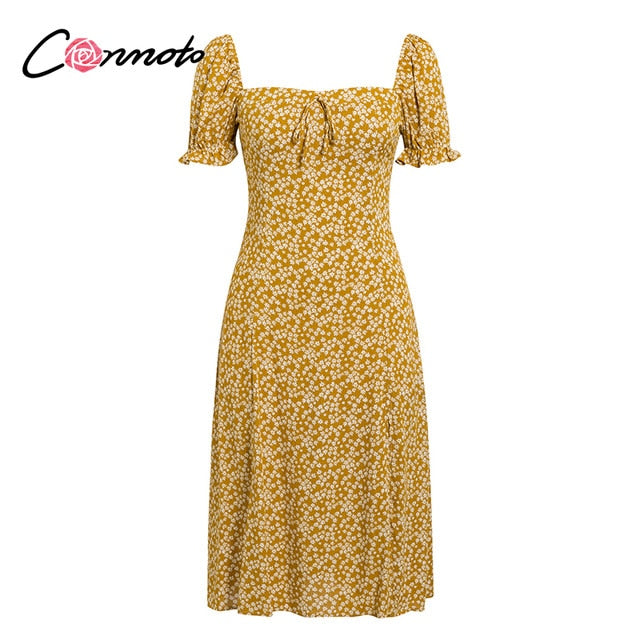 Conmoto Summer Vintage Party Dress Square Collar Ruffle Elegant Sexy Dress Beach Female Green Floral Print Mid Dresses Vestidos