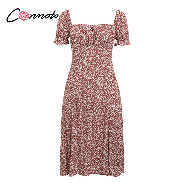 Conmoto Summer Vintage Party Dress Square Collar Ruffle Elegant Sexy Dress Beach Female Green Floral Print Mid Dresses Vestidos