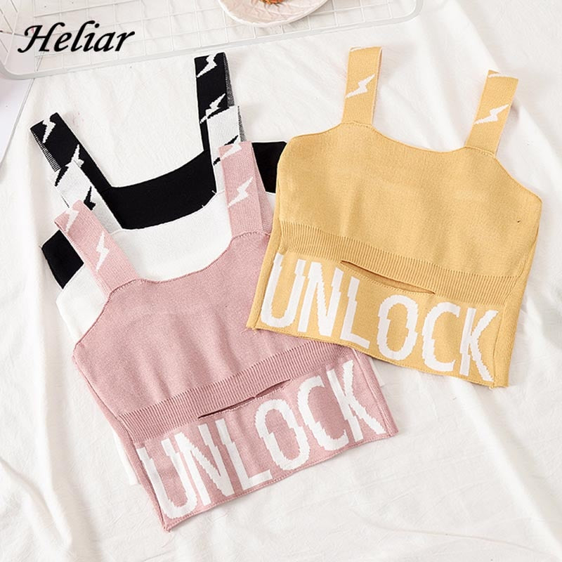 HELIAR Female Camisole Knitting Camis Crop Top Letter UNLOCK Cotton Camisole Femme Camis With Hole Women 2020 Summer Tank Tops