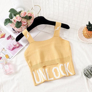 HELIAR Female Camisole Knitting Camis Crop Top Letter UNLOCK Cotton Camisole Femme Camis With Hole Women 2020 Summer Tank Tops