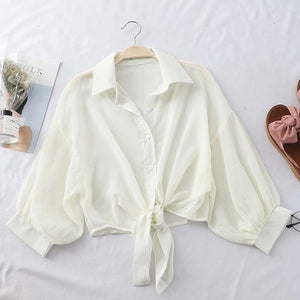 HELIAR Chiffon Shirts Women 2020 Summer Half Sleeve Buttoned Up Shirt Loose Casual Blouse Tied Waist Elegant Blouses For Women