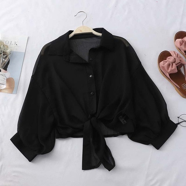 HELIAR Chiffon Shirts Women 2020 Summer Half Sleeve Buttoned Up Shirt Loose Casual Blouse Tied Waist Elegant Blouses For Women