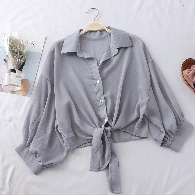 HELIAR Chiffon Shirts Women 2020 Summer Half Sleeve Buttoned Up Shirt Loose Casual Blouse Tied Waist Elegant Blouses For Women