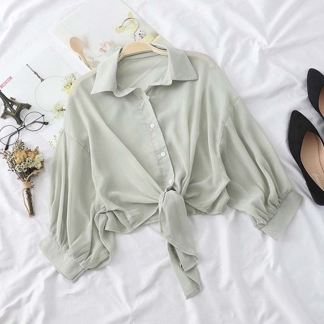 HELIAR Chiffon Shirts Women 2020 Summer Half Sleeve Buttoned Up Shirt Loose Casual Blouse Tied Waist Elegant Blouses For Women