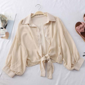 HELIAR Chiffon Shirts Women 2020 Summer Half Sleeve Buttoned Up Shirt Loose Casual Blouse Tied Waist Elegant Blouses For Women