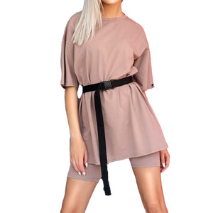 Casual solid new women's two piece with belt 2020 Summer Fashion Casual Home Solid Color Loose T-shirt Shorts Female Playsuits