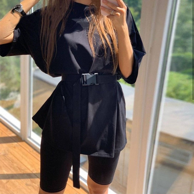 Casual solid new women's two piece with belt 2020 Summer Fashion Casual Home Solid Color Loose T-shirt Shorts Female Playsuits