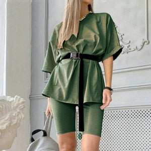 Casual solid new women's two piece with belt 2020 Summer Fashion Casual Home Solid Color Loose T-shirt Shorts Female Playsuits