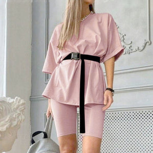 Casual solid new women's two piece with belt 2020 Summer Fashion Casual Home Solid Color Loose T-shirt Shorts Female Playsuits