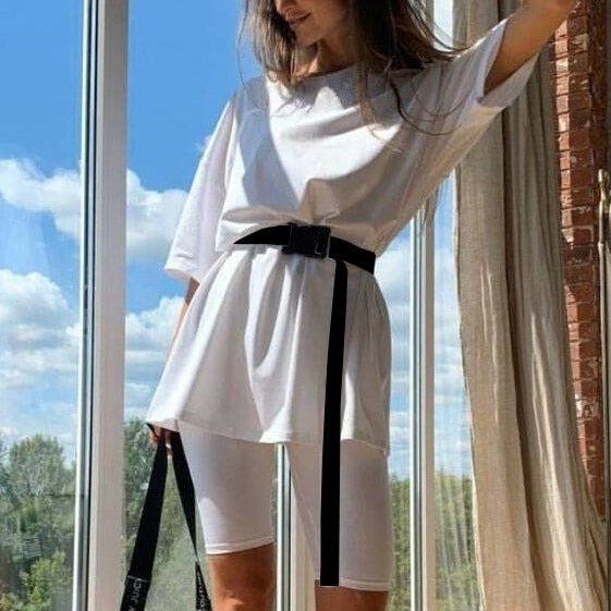 Casual solid new women's two piece with belt 2020 Summer Fashion Casual Home Solid Color Loose T-shirt Shorts Female Playsuits