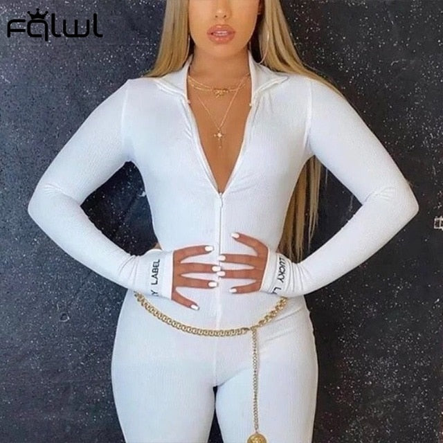 FQLWL Streetwear White Black Knitted Sexy Bodycon Jumpsuit Women Overalls 2019 Long Sleeve Skinny Rompers Womens Jumpsuit Female