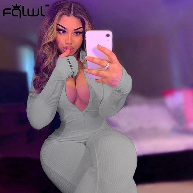 FQLWL Streetwear White Black Knitted Sexy Bodycon Jumpsuit Women Overalls 2019 Long Sleeve Skinny Rompers Womens Jumpsuit Female