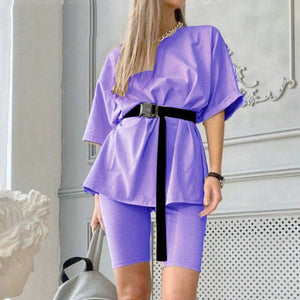 Casual solid new women's two piece with belt 2020 Summer Fashion Casual Home Solid Color Loose T-shirt Shorts Female Playsuits