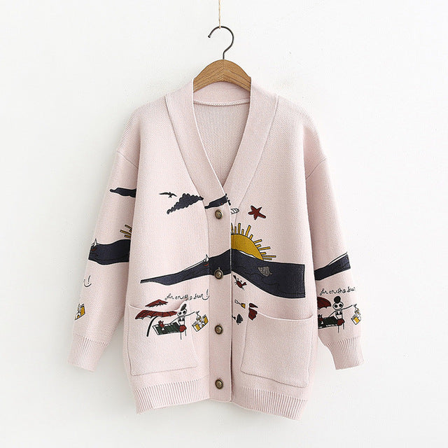 Foridol Autumn White Cotton Knitted Cardigan Sweater Women Coat Print V-neck Pockets Female Jumpers Casaul Buttons Women Tops