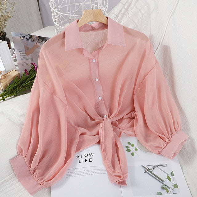 HELIAR Chiffon Shirts Women 2020 Summer Half Sleeve Buttoned Up Shirt Loose Casual Blouse Tied Waist Elegant Blouses For Women