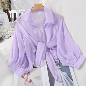 HELIAR Chiffon Shirts Women 2020 Summer Half Sleeve Buttoned Up Shirt Loose Casual Blouse Tied Waist Elegant Blouses For Women