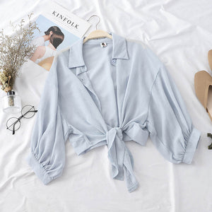 HELIAR Chiffon Shirts Women 2020 Summer Half Sleeve Buttoned Up Shirt Loose Casual Blouse Tied Waist Elegant Blouses For Women